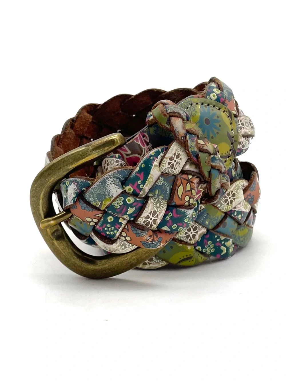 Fossil Braided Leather Belt Sz M Multicolor Patchwork Floral Boho Brass Buckle